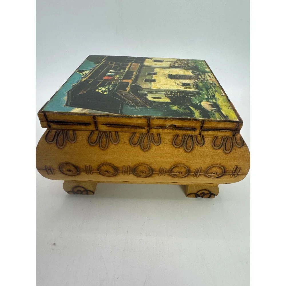 Vintage Innsbruck Austrian Alpine Wood Trinket Box Hand Painted Cottage Scene